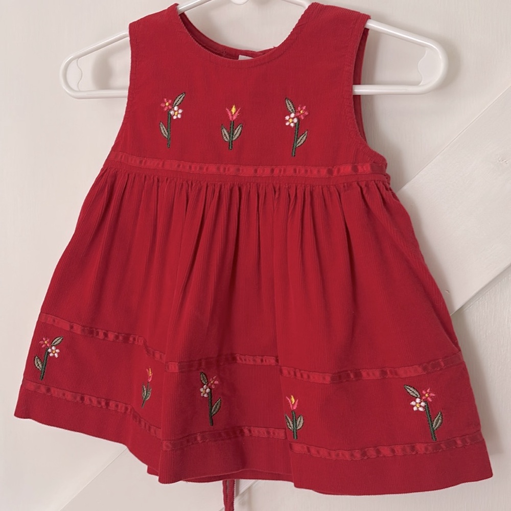 FINAL PRICE! Vintage Corduroy Embroidered Floral Tie Button Back Baby Dress